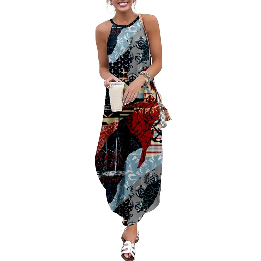 

Ethnic Print Patchwork Print Women Casual Short Sleeve Camisole Dress Loose Long Double Pocket Beach Resort DressWoman Dress