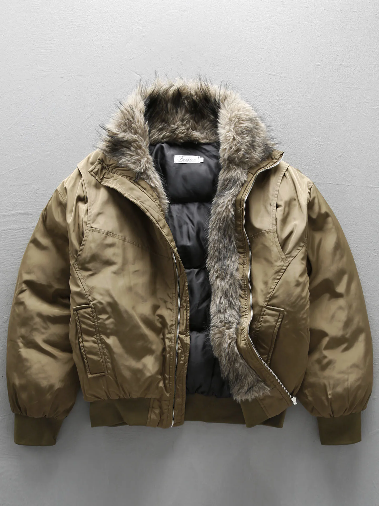 سترات عصرية بياقة من الفرو الصناعي للرجال والنساء لشتاء 2025 سترات فضفاضة جديدة للزوجين عصرية راقية وياقة واقفة وأكمام طويلة معاطف للأسفل #2