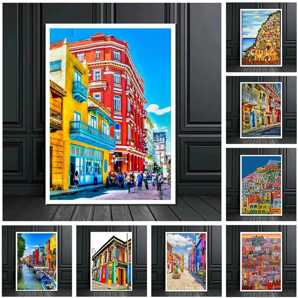 

Nordic Colorful Buildings Poster Prints For Living Room Home Decor Famous City Street Landscape Canvas Painting Wall Art Gift