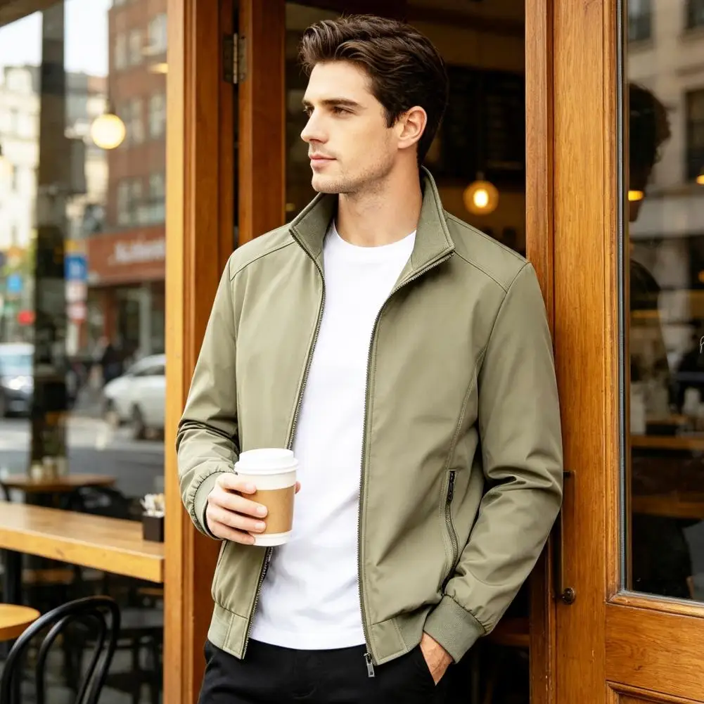 Classic Transitional Wardrobe Essentials Men's Lightweight Bomber Jacket Full Zip Stand Collar Softshell Windbreaker Casual