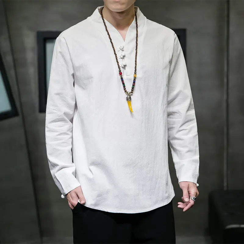 2026 Spring and Summer New Men's Cotton and Linen Long-sleeved T-shirt V-neck Disc Buckle Bottoming Shirt Tang Clothing