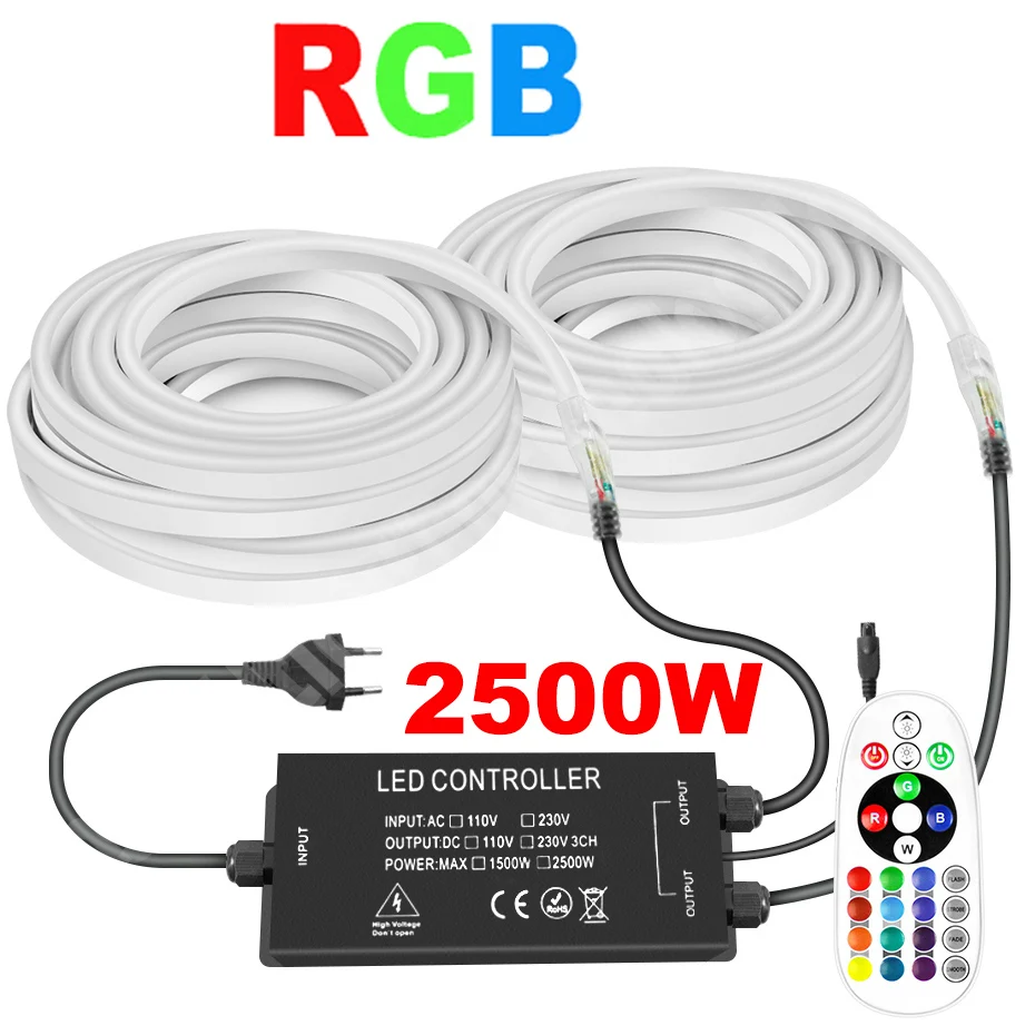 

220V RGB LED Ribbon Neon Light 100m 50m 30m 5050SMD Waterproof Flexible Led Tape Light with 2500W IR/RF Touch Remote Controller