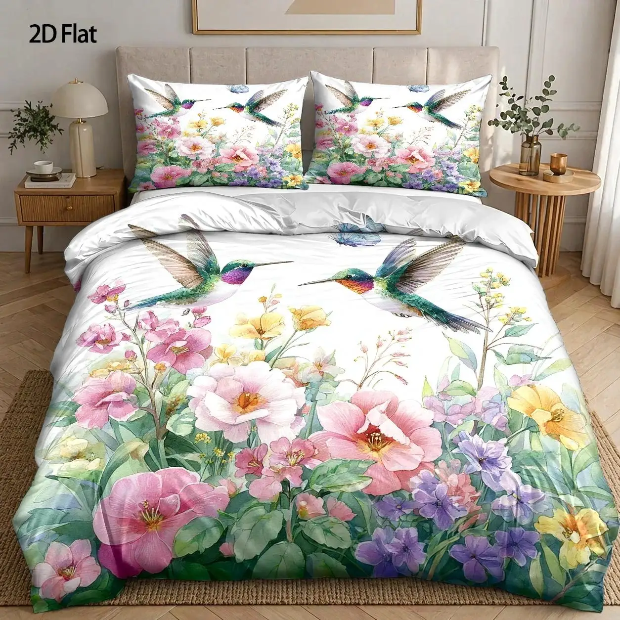 3-Piece Quilt Cover Set, 1 Quilt Cover + 2 Pillowcases (Without Filling), Hummingbird Flower Sea Theme, Dreamy Watercolor Style, Spring, Home Decor, Suitable for All Seasons, Machine Washable, Invisible Zipper, Suitable for Master Bedroom, Dormitory, Guest Room Use