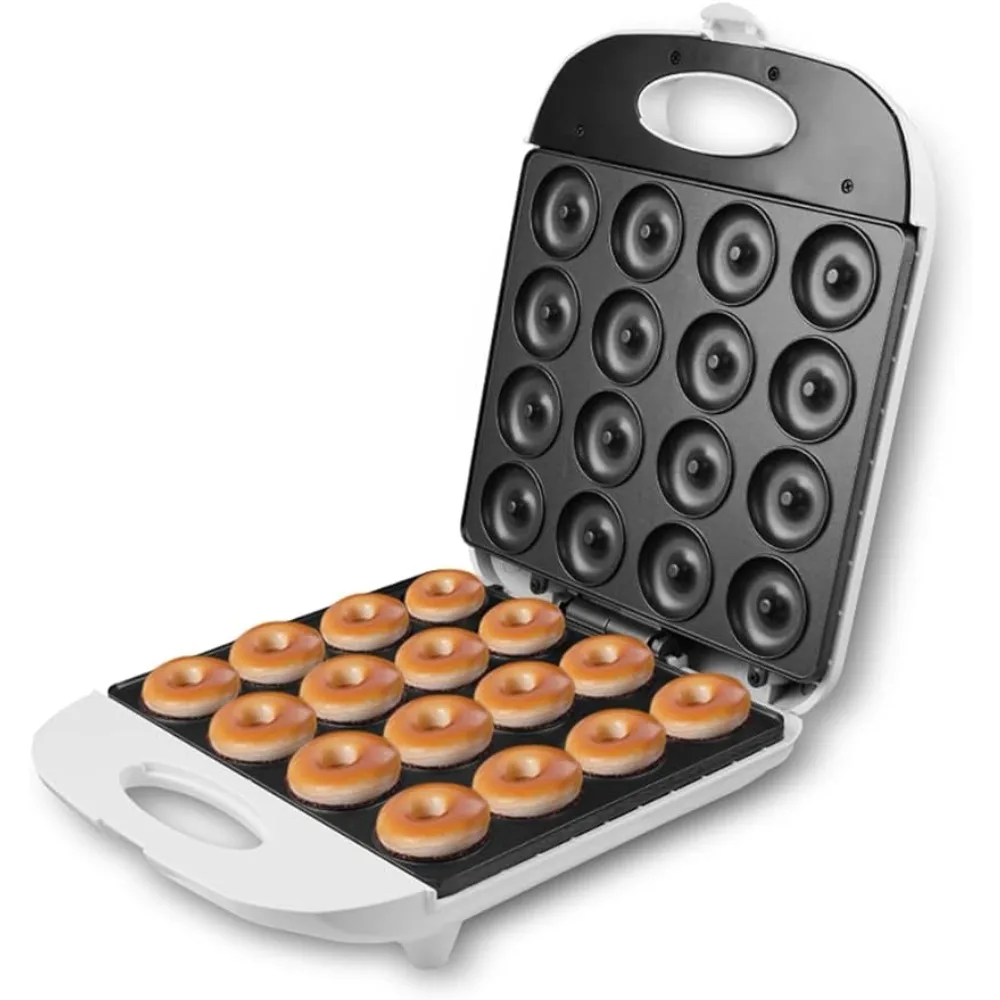 Mini máquina de rosquinhas de aquecimento dupla face com superfície antiaderente, máquina de bolo, 16 rosquinhas, lanches, sobremesas e mais