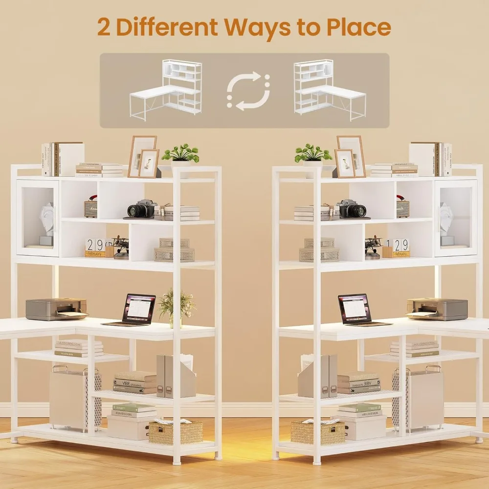 مكتب كمبيوتر على شكل حرف L، مكتب مكتب 58 بوصة مع ضوء LED ورف كتب، مكتب زاوية على شكل حرف L مع أرفف تخزين للمكتب المنزلي #6