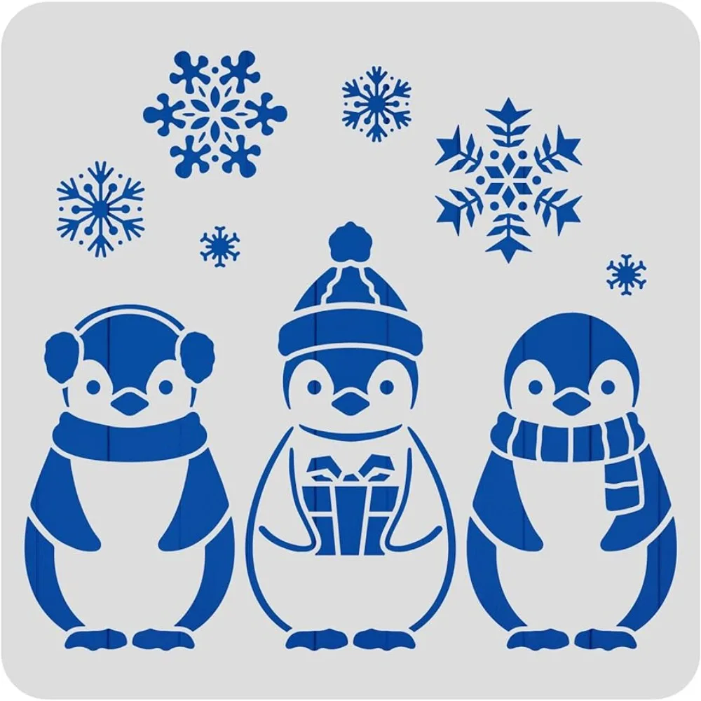 

Snowflake Penguin Pattern Plastic Painting Stencils 12x12inch Winter Theme Drawing Template for Painting on Floors Walls Doors