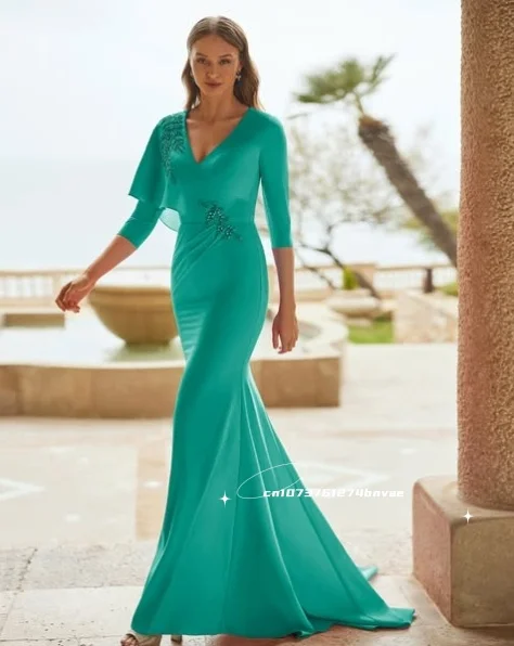 

Elegant Hunter Mermaid Mother Of The Bride Dress V-Neck Tree Quarter Sleeves Simple Wedding Party Formal Gown Customized