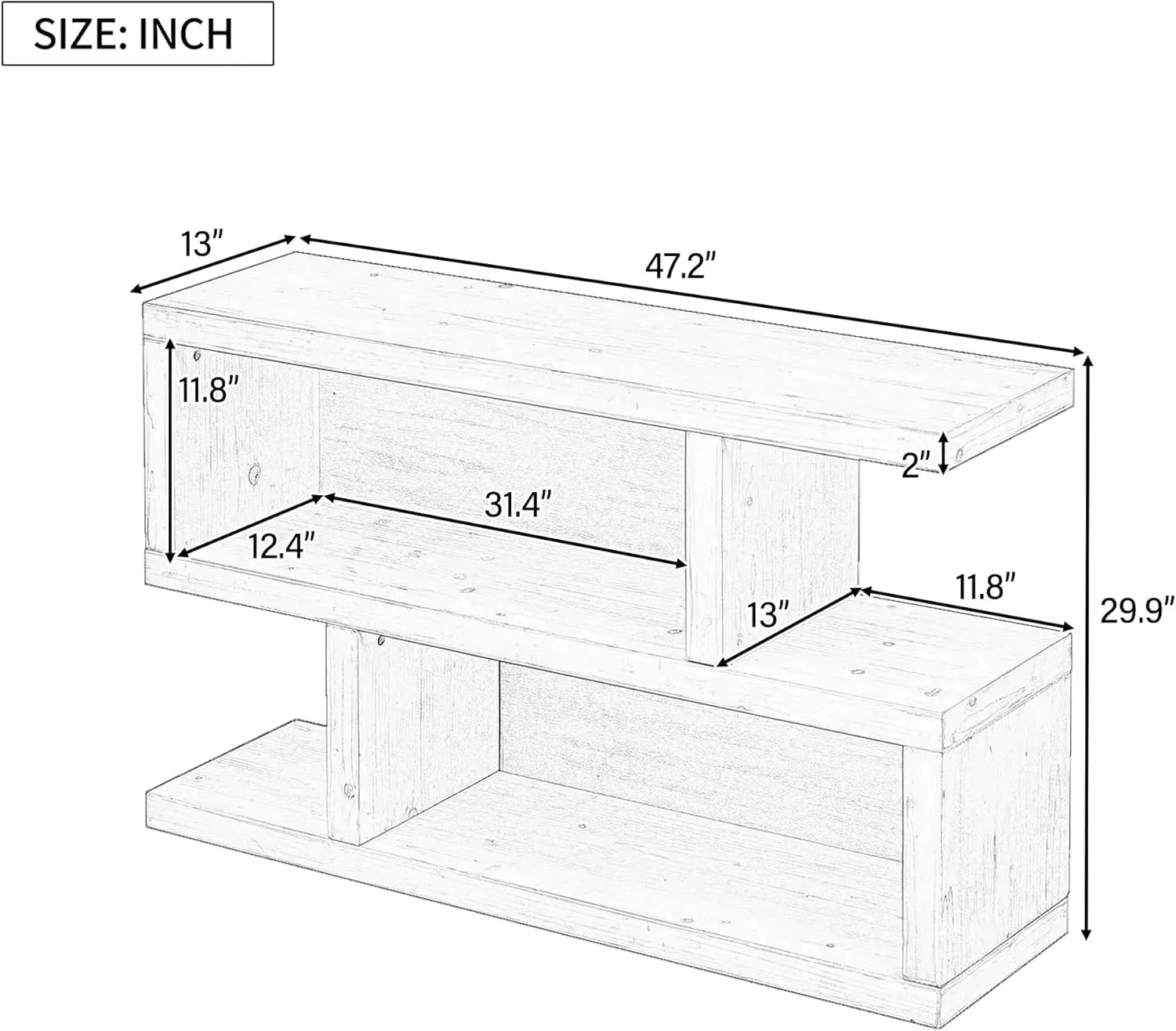 Rustic Sofa Accent Table With Symmetrical S-Shaped Z-Open Shelf, 2 Tier Wood Storage Shelves Console Table For Living Room,