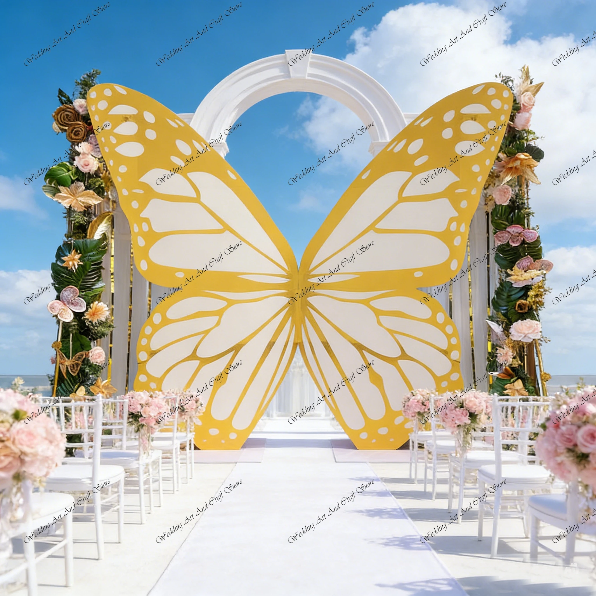 1pc f30 6.4ft PVC Butterfly Backdrop Wall Modern Metallic Love Theme Gold and White PVC Party Wedding Backdrop Decoration ivy846