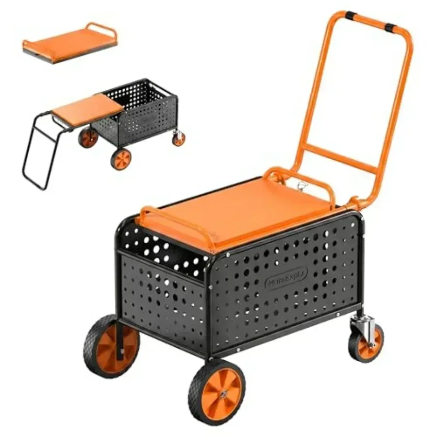 Rolling Garden Work Seat with Wheels, Upgraded Heavy Duty Cart for Seniors with Rotatable 360-Degree Wheels and Extended Handle