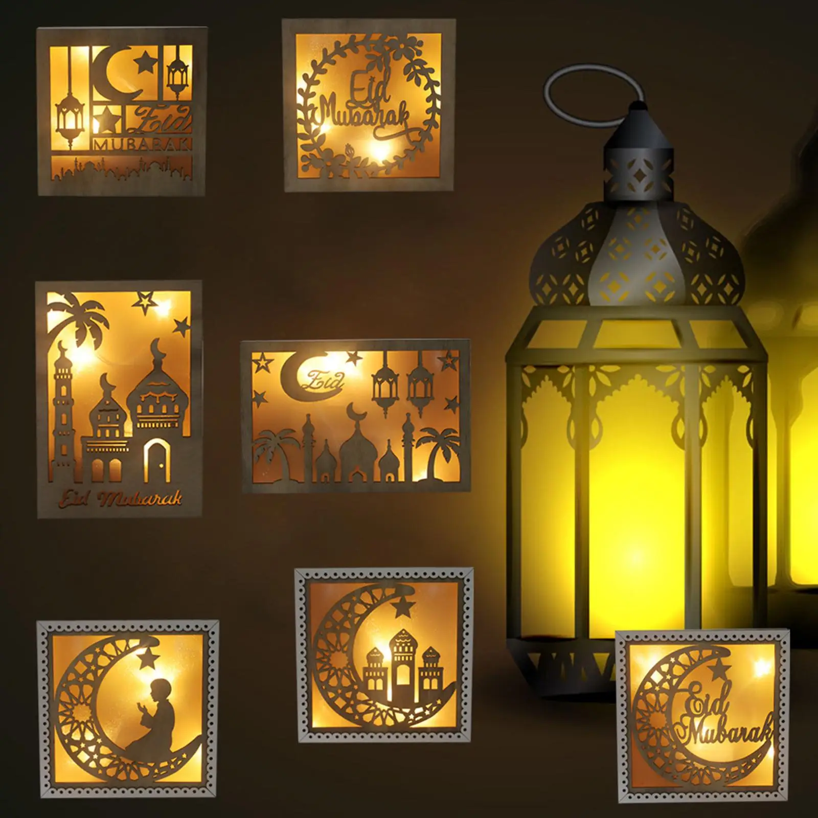 

Wooden Eid Square LED Lamp Table Home Bedside Decor Muslim Lights