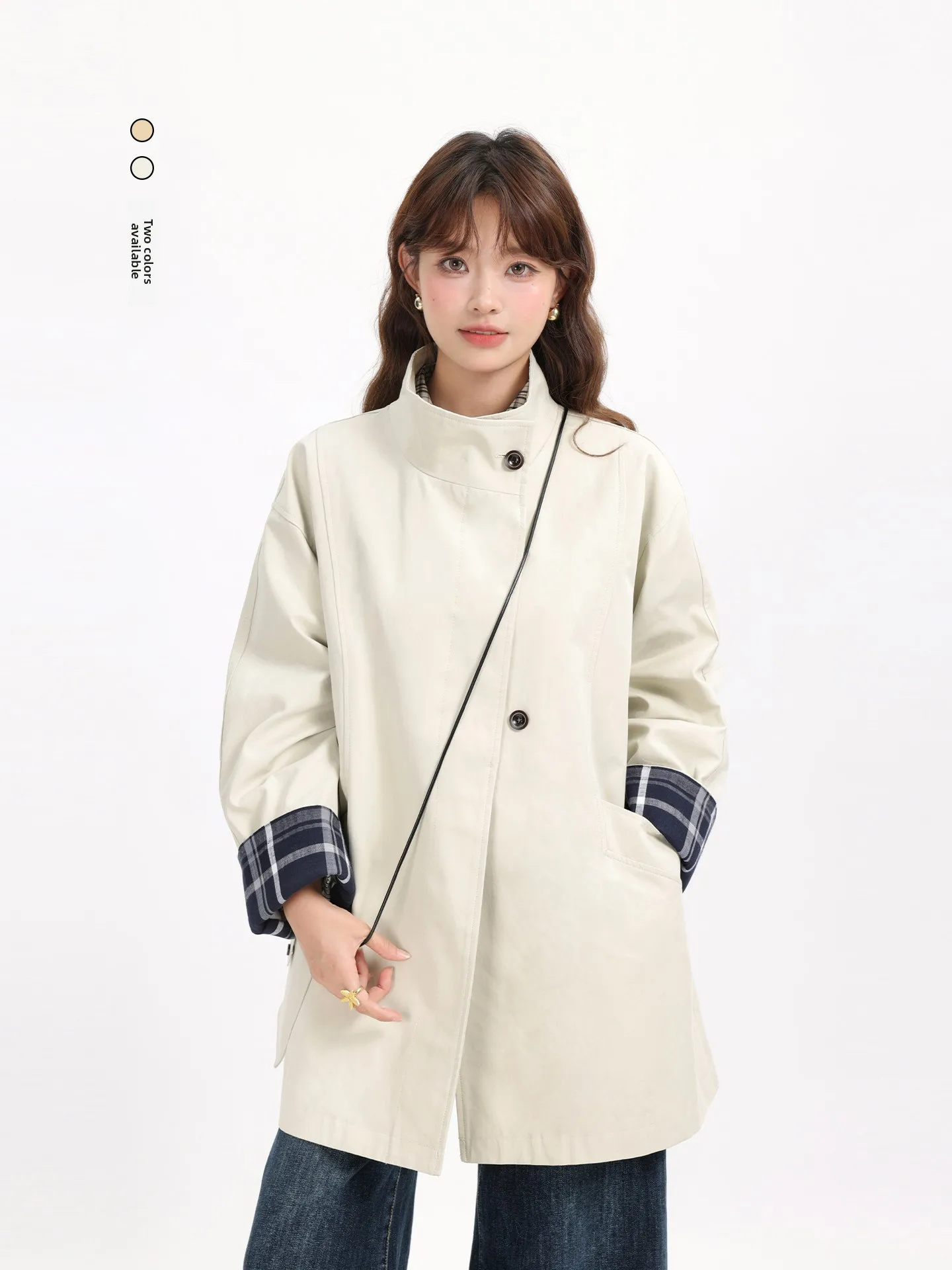 

Усовершенствованная цветная клетчатая корейская ветровка с воротником-стойкой, ранняя осень, новая модель Ele, универсальное утягивающее пальто