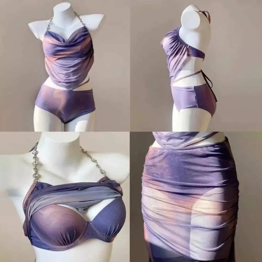 

Long Dress Sexy Bikini Gathered Steel Support Small Chest Beach Vacation Swimwear Covered Flesh Split Skirt Three-Piece Set