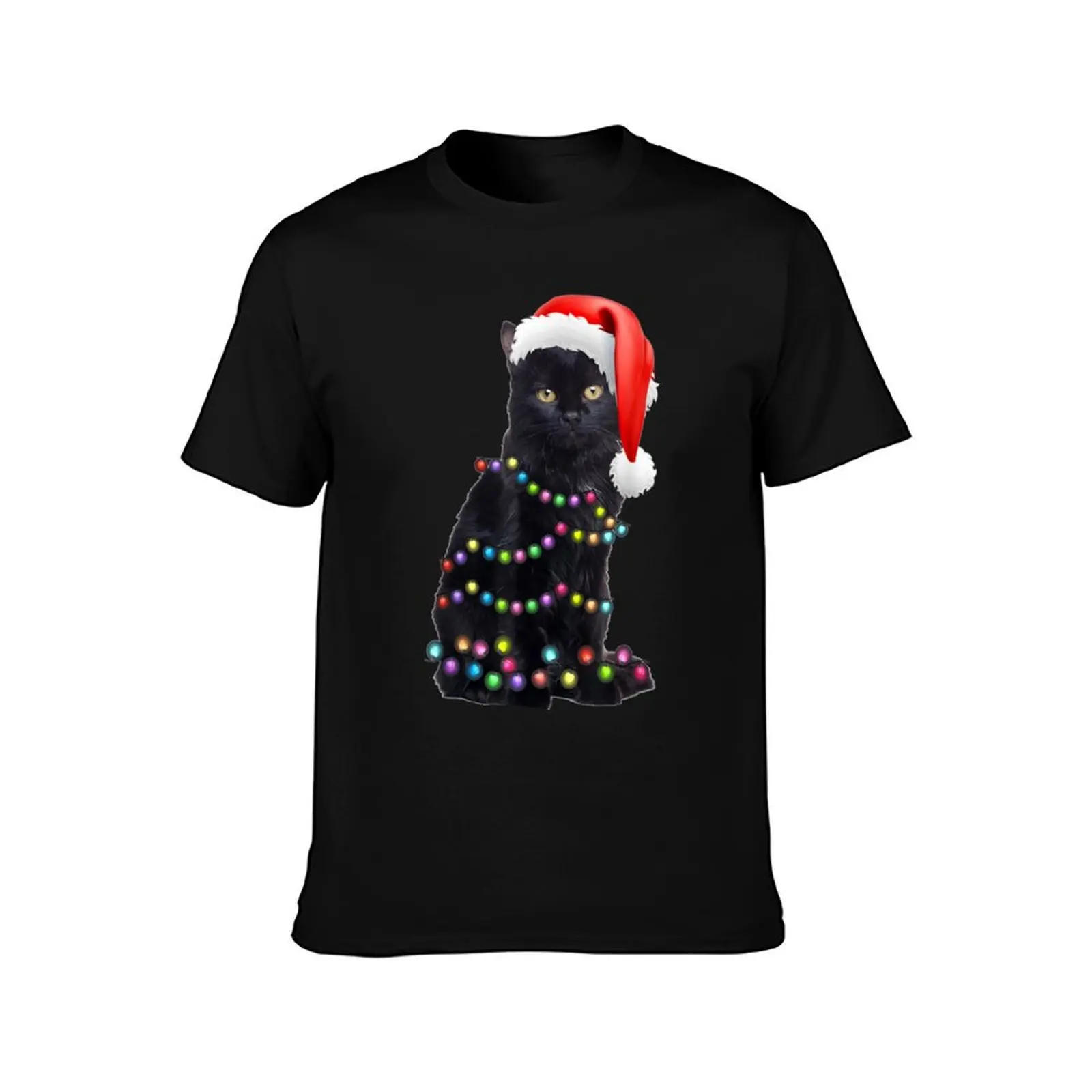 Black Cat christmas light funny cat lover T-Shirt cotton t shirts high quality T-Shirt