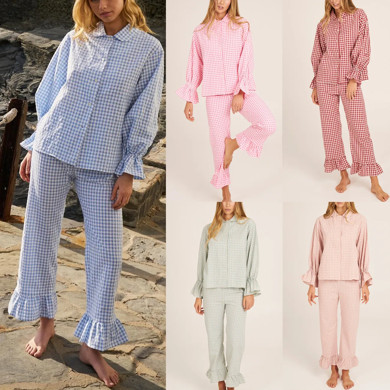 

Women's Elegant Checkered Set with Countryside Horn Sleeve Top, Pants, Pajamas, Home Two Piece Set, Autumn 2025