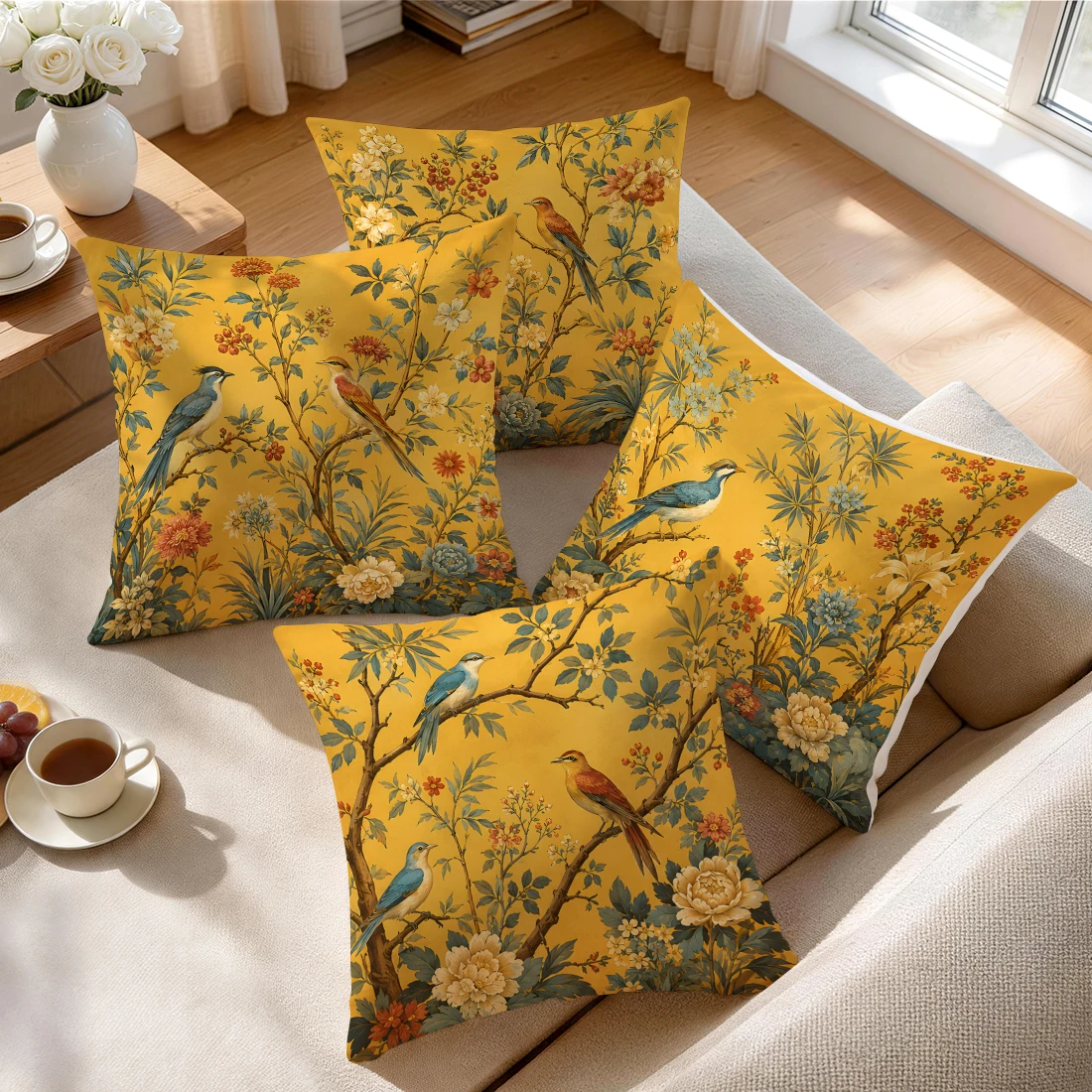 Sarı Arka Plan Retro Çiçek Kuş - Throw Pillow incelemesi ve fiyatı