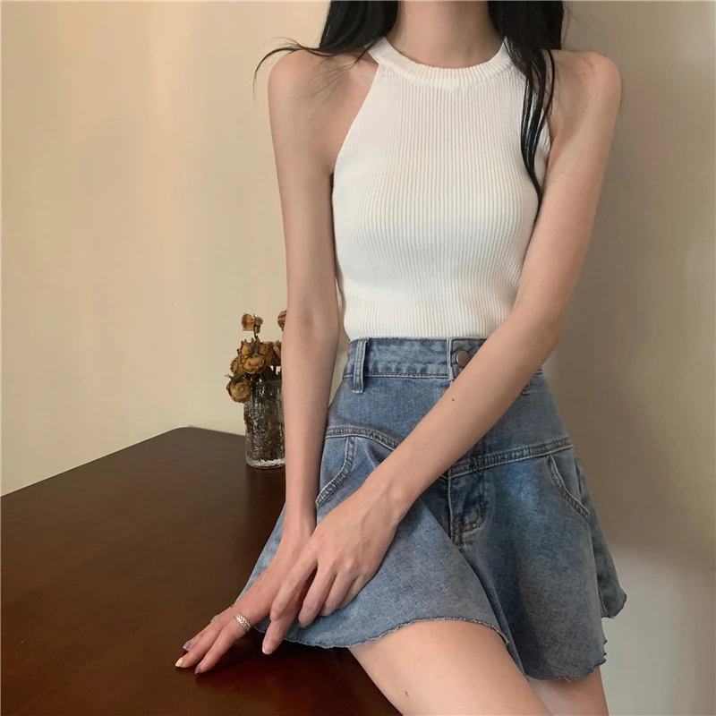 Knitted Hanging Neck Sling off-the-Shoulder Top Summer 2024 New Slim fit Slimming Inner wear Short Vest Outer Wear Women