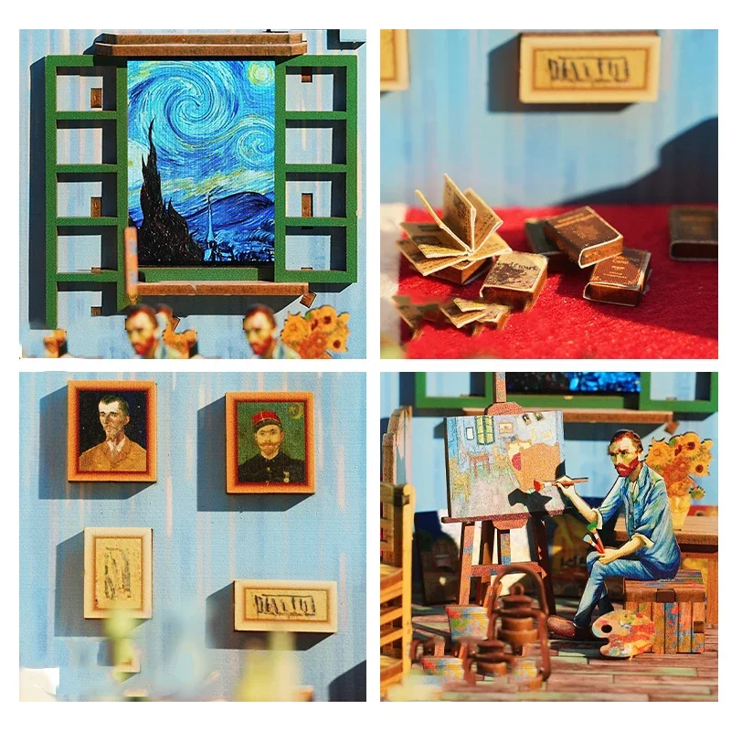 Animation Assembly House Van Gogh's Bedroom DIY Handmade Pop-up Book Building Block Toy Wooden Miniature Model Birthday Gift