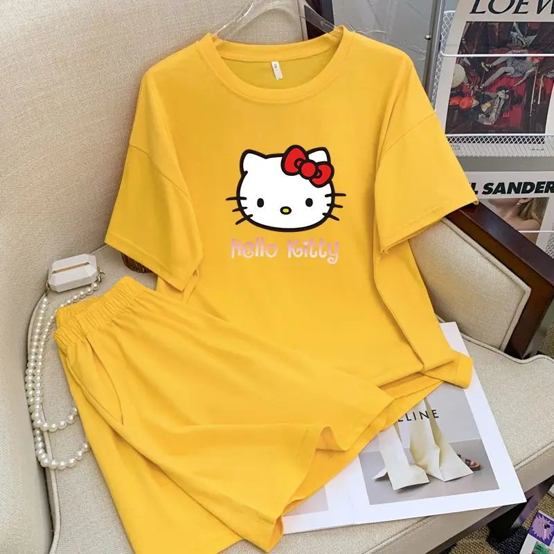 Hello Kitty Anime Cartoon Cute Colorful Pajama Lady Cute Summer Ice Silk Short Sleeve Shorts Comfortable Women Home Wear Set