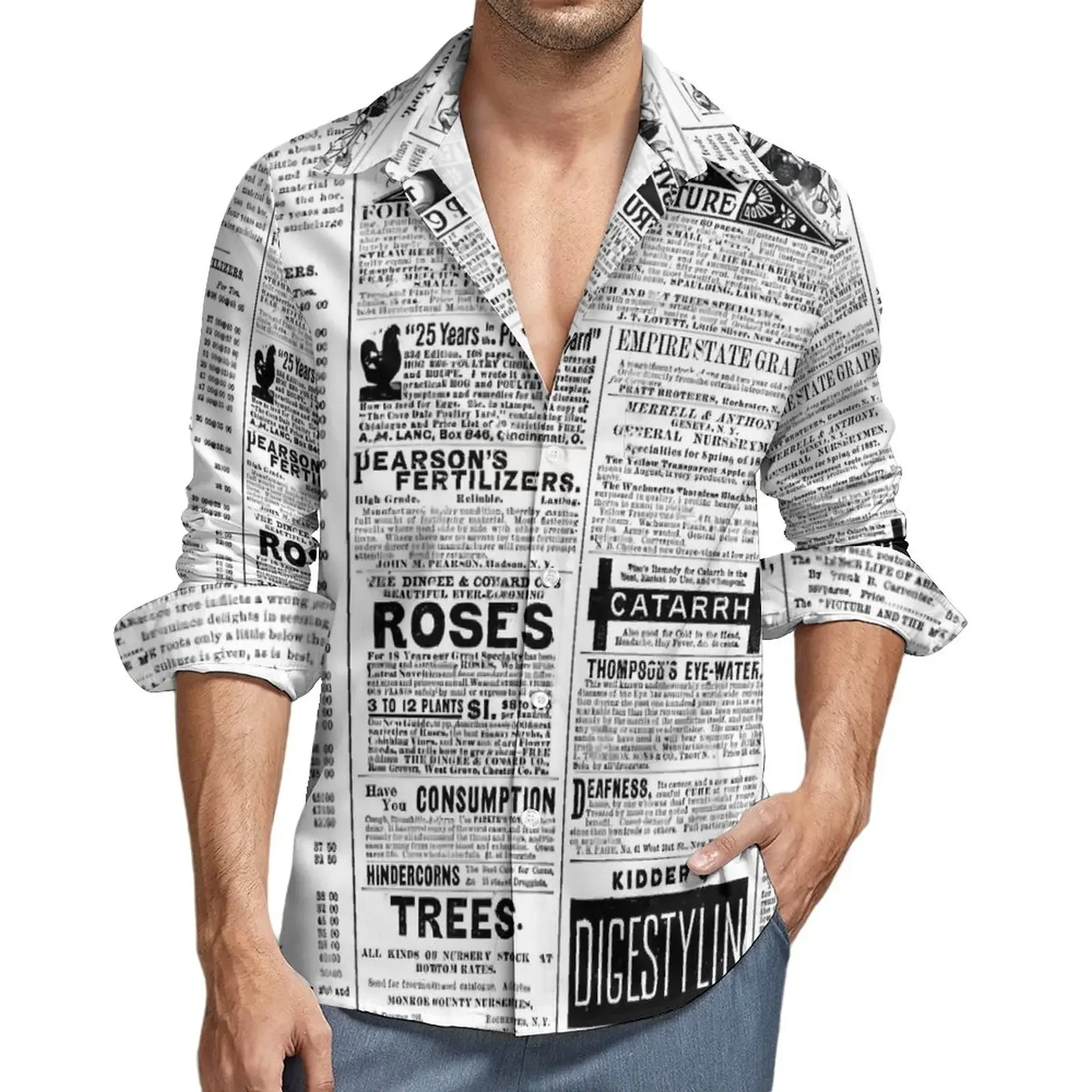 Men Long Sleeve Button Down Shirt, Vintage Newspaper Text Print Turn‑Down Collar Casual Daily Aloha Shirt
