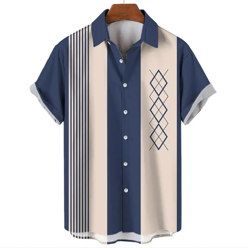 Chemise hawaïenne à manches courtes pour hommes avec motif rayé, chemisier à boutons vintage, vêtements d'été à la mode