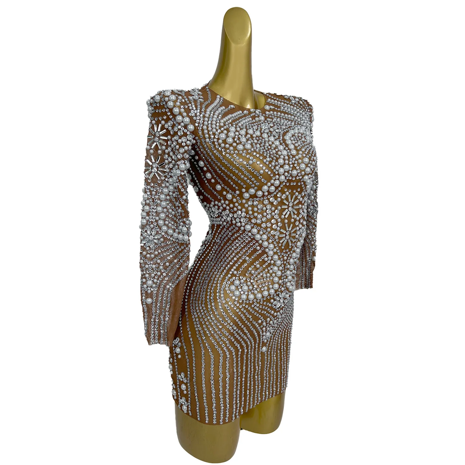 Volle Perlen Silber Strass Sheer Mesh Minikleid für Sexy Frauen Luxus Dinner Party Abendkleid Langarm Kurzes Kleid