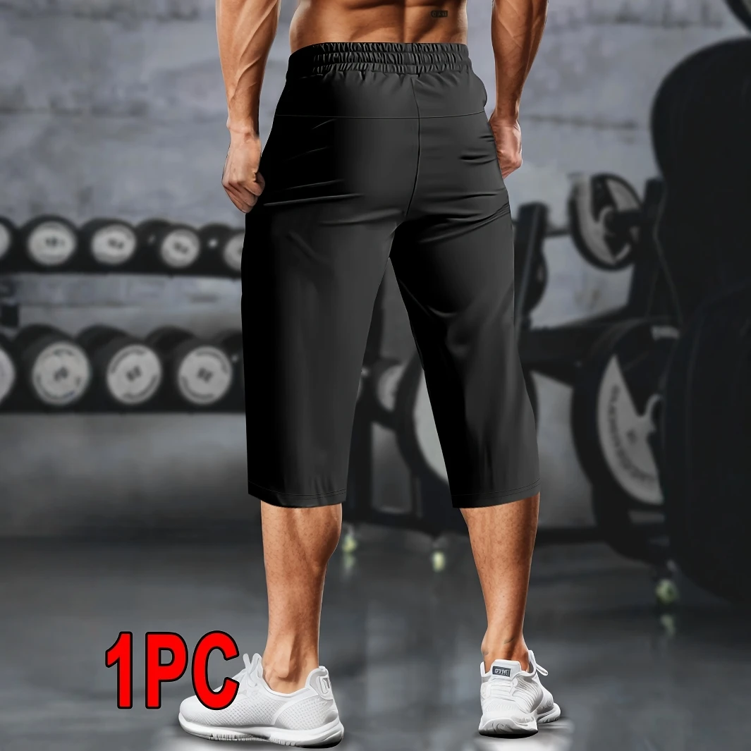 1pc lichtgewicht atletische cropped broek voor heren met trekkoord, zakken met ritssluiting en reflecterende strips - ademend, sneldrogend Fabri