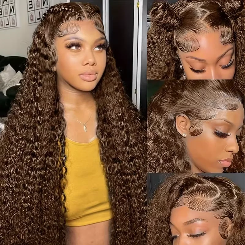 Chocolate Brown Deep Wave Lace Front Wigs Human Hair 13x6 Hd Deep Wave Lace Front Wig 200% Density Curly Wig Pre Plucked Baby Hair & Tangle Free, Natural Look for Daily Use view 5
