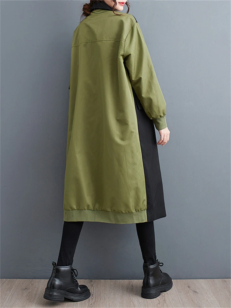 Oversized Turn-down Collar Trench Coat For Women 2024 Autumn Winter Casual Loose Vintage Patchwork Fashion Outerwear Cardigan