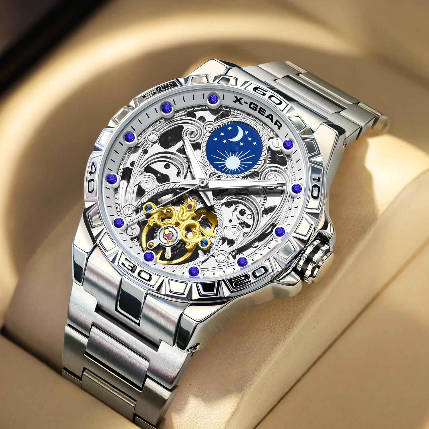 

Men's Automatic Mechanical Watch, Waterproof Stainless Steel, Luminous Starry Sky, Moon Phase