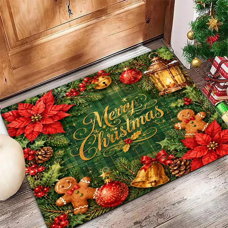 Poinsettia Plaid Christmas Floor Rug Checkered Green Leaf Berry Print Non Slip Carpet For Festive Season Home Entrance