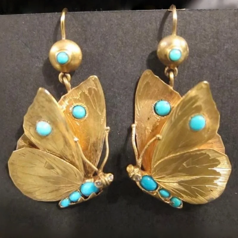 Ladies' Vintage Texture Butterfly Pendant Earrings Blue Synthetic Turquoise Embellishment Rustic Fresh Style Earrings Jewelry