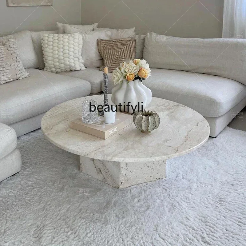 

25LD natural marble coffee table advanced sense travertine small apartment French household cream light luxury