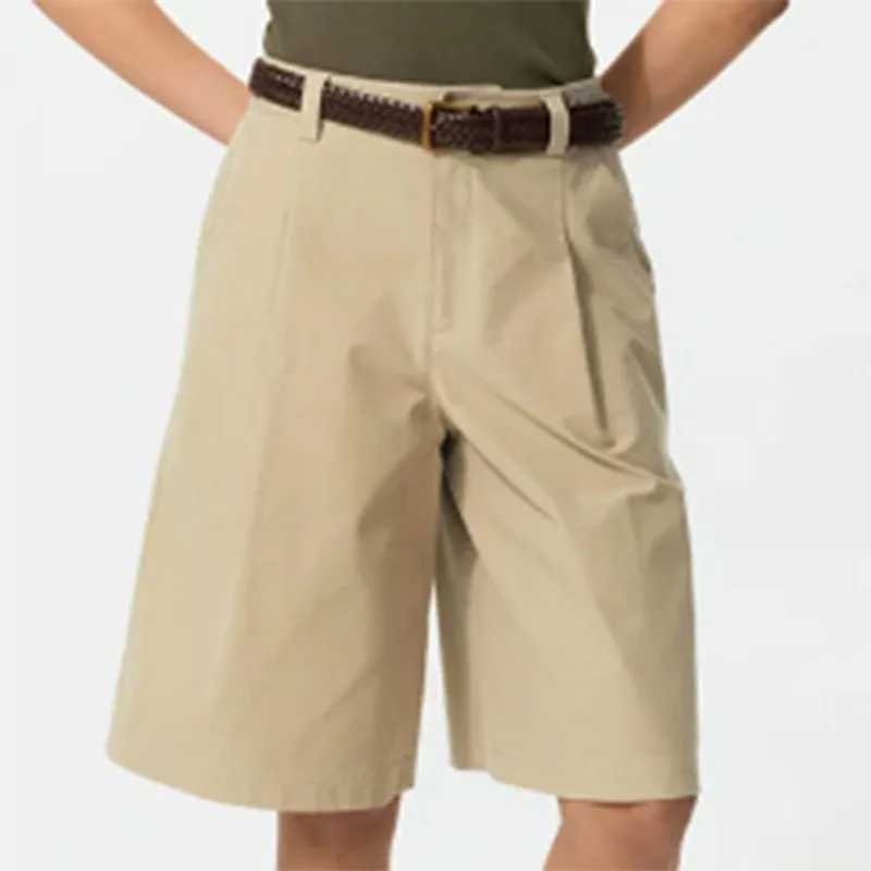 Women Casual Shorts Pleated Design Pockets Straight Loose Fit Solid Color Simple Daily Commuting Versatile Mid Length Shorts