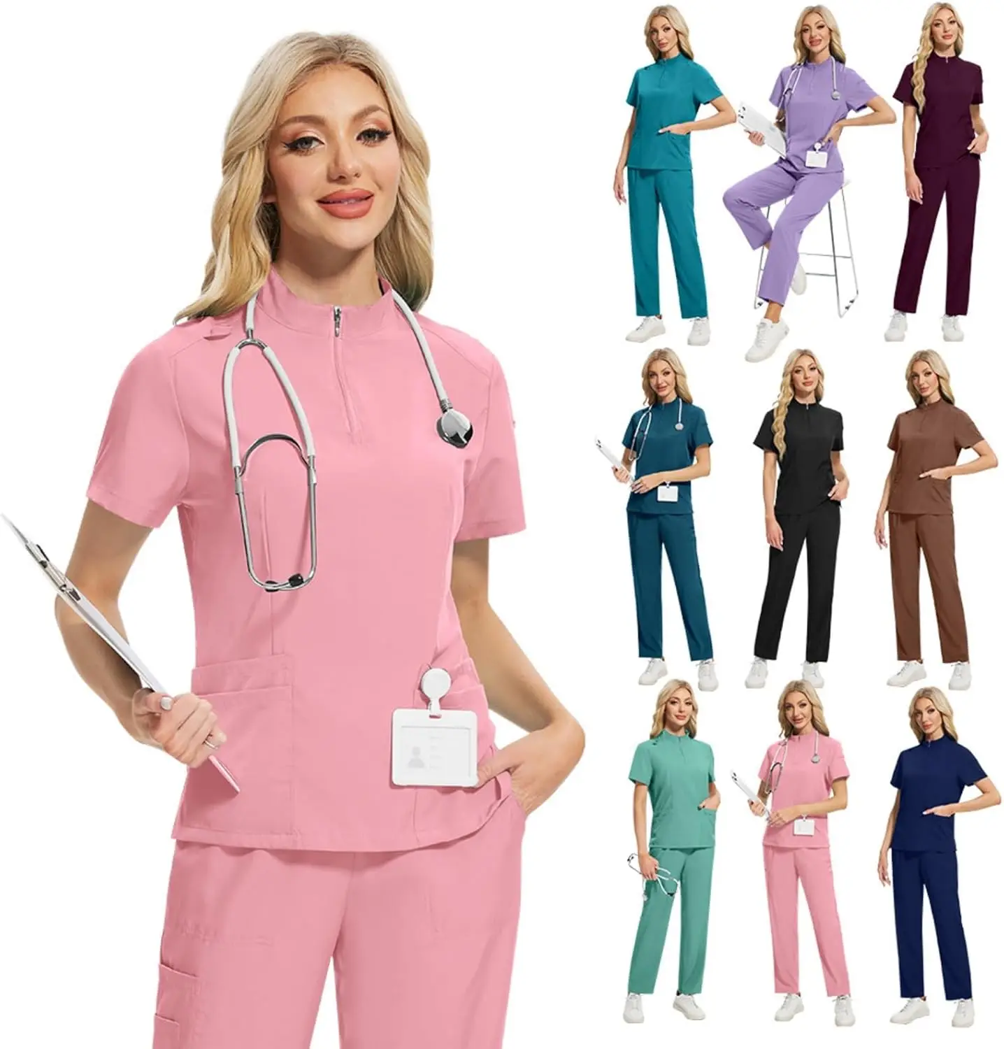 Ropa de lavado con cremallera y cuello levantado, uniforme de enfermera, monos para médico, enfermera, salón de belleza, SPA, traje para hombres y mujeres