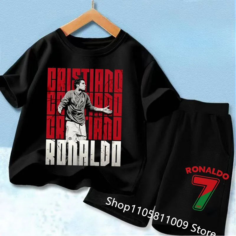 Summer Ronaldo Printed Children's Set Short-sleeved Shorts Suit Sports Kid T-shirt 2-piece Set Street Fashion Boys Baby Clothing