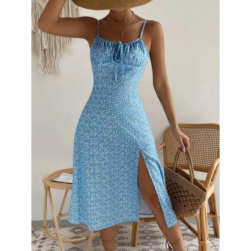 

Women's Print Spaghetti Strap Dresses Fashion Leace-up Bodycon Slit Dress Fresh Floral A-line Midi Vestidos Female Summer New