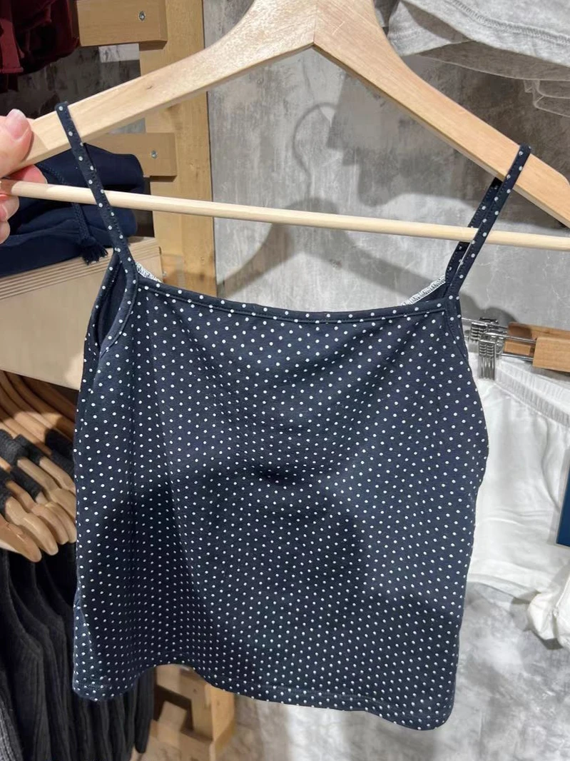 Conjunto de 2 piezas de chaleco y pantalones cortos de algodón azul marino con lunares para mujer, camiseta sin mangas con adornos de encaje y tres botones, pantalón corto recto con cintura elástica, conjuntos dulces