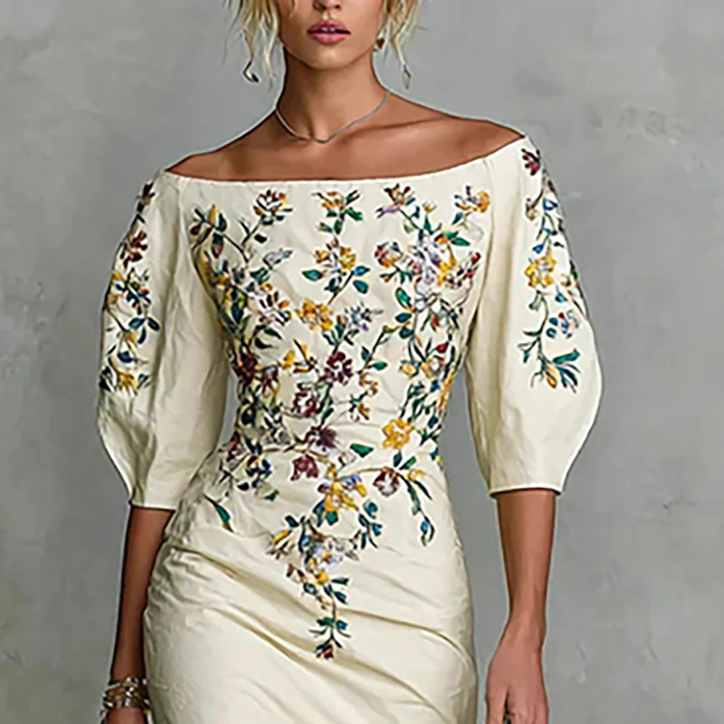 Elegancka sukienka damska na wiosnę z kwiatowym wzorem, dopasowana, seksowna, z dekoltem typu slash neck, z wycięciami i rozcięciem, idealna na imprezę, codzienna sukienka damska z rękawem 3/4 na jesień.