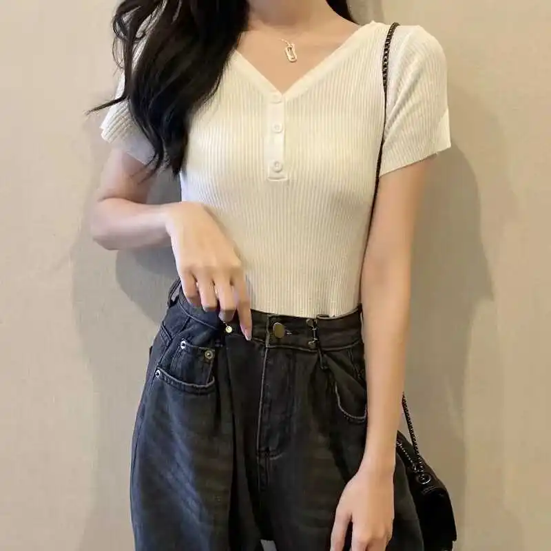 

Trendy Ice Silk Short Sleeve Knitted Top Women's Slim Fit Versatile Spring Autumn Thin Shirt V Neck Pure Color Commute Style