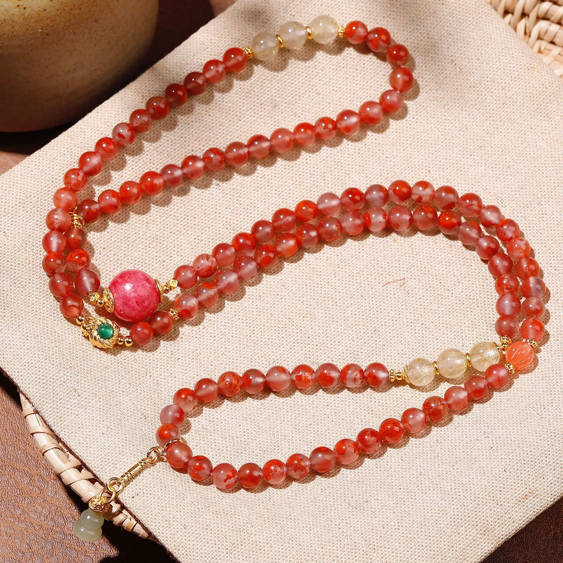 Natural Flame Red Agate Round Bead Bracelet & Necklace, Rose Quartz, Golden Hair Crystal, Hetian Jade, and Gourd-shaped Jadeite