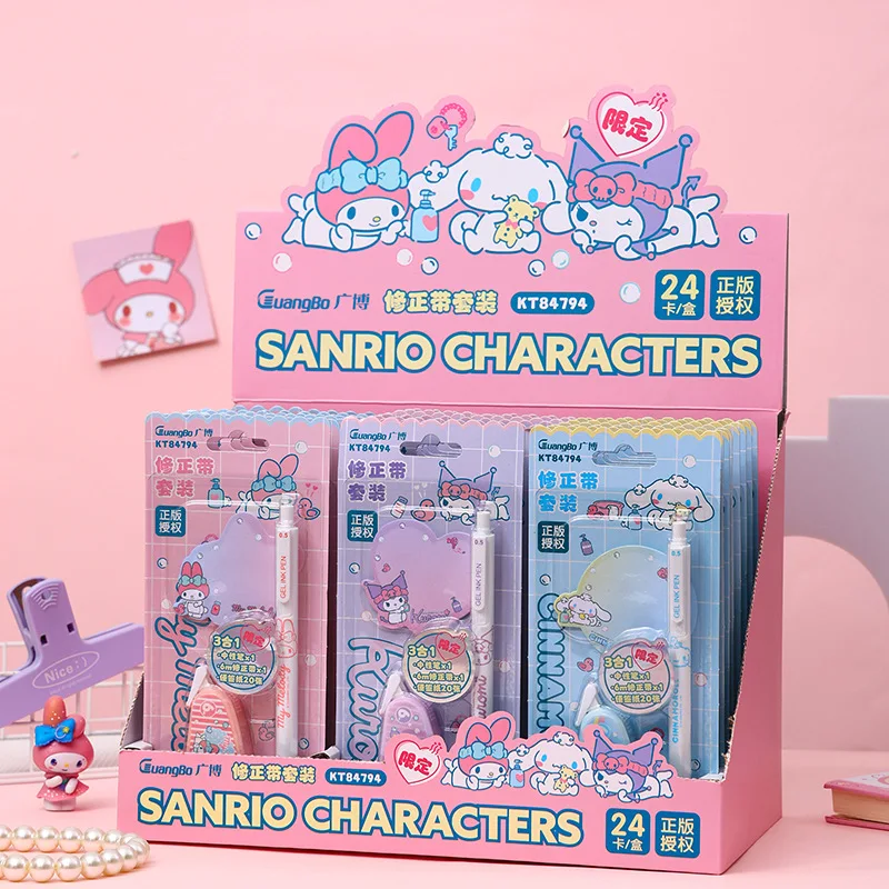 2/24pcs Sanrio Correction with Black Gel Pen Note Paper Student Cartoon Stationery 3-in-1 Set Portable Stationery Gift