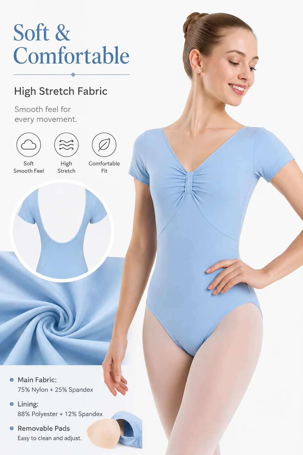 Adult Women Ballet Leotard Short Sleeve V Neck Ruched Front Low U Back Stretch Dance Bodysuit with Removable Pads