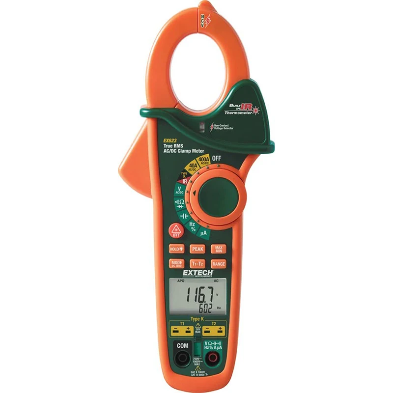 Extech EX623 True RMS 400A AC/DC Clamp Meter with Dual Type K, Thermometer and NCV