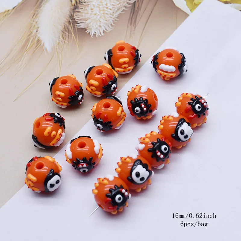 16mm 6pcs/bag Acrylic Beads Halloween Color Drawn Colorful Pumpkin Skull Loose Spacer Beads for Jewelry Making Diy Bracelets