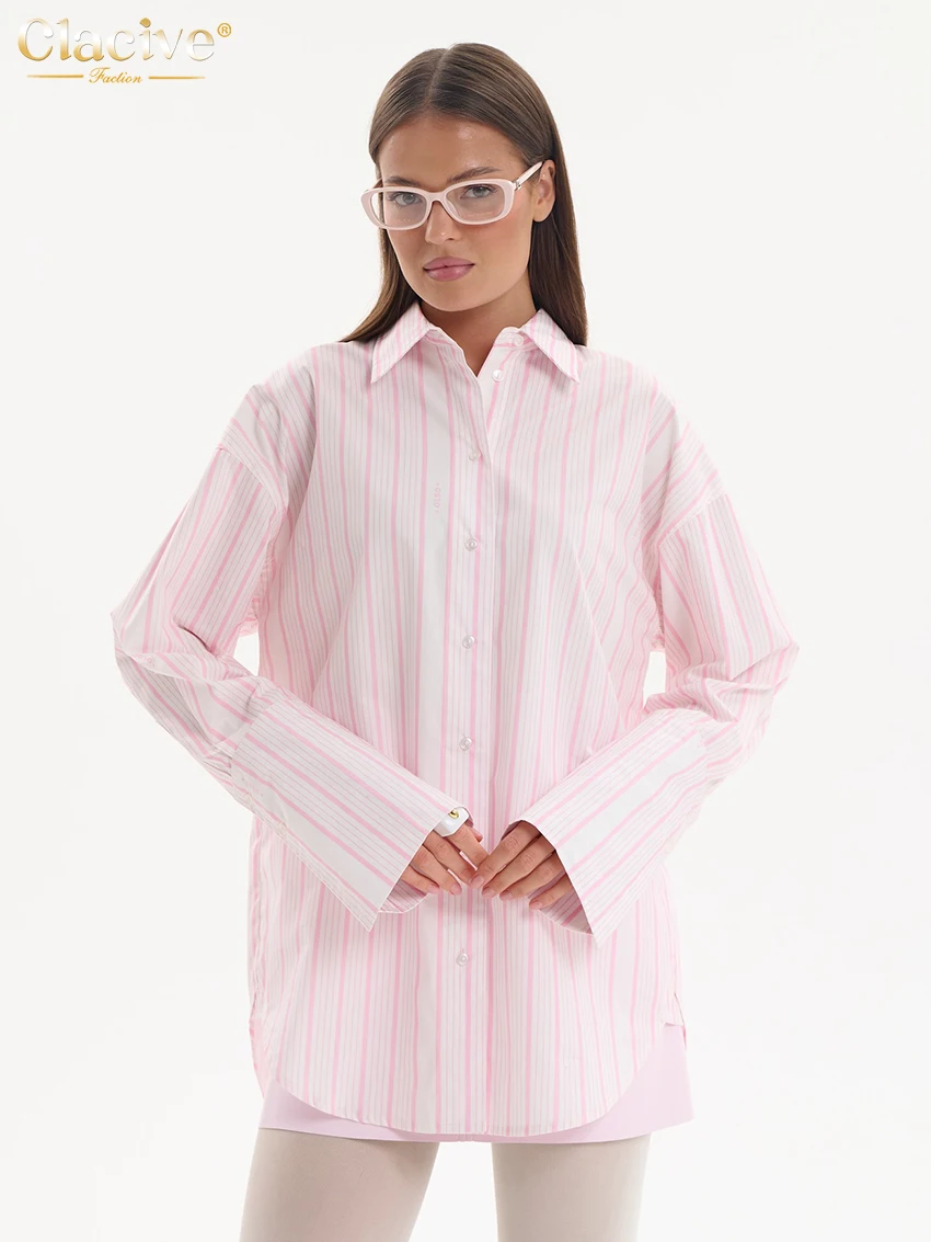 

Clacive модная свободная женская блузка в розовую полоску 2026, весенняя рубашка с длинными рукавами и лацканами, женская элегантная классическая верхняя женская одежда