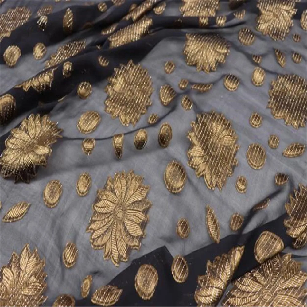 Clear Floral Black Gold Flower Shiny Soft Silk Lurex Metallic Fabric with Jacquard for Lady Fashion Party Dress