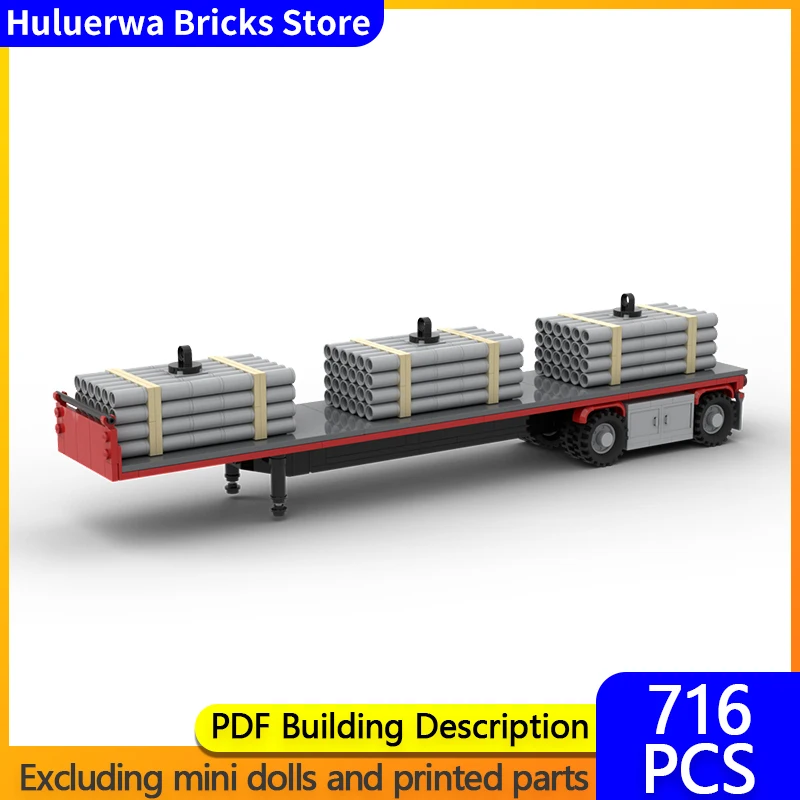 City Car Model MOC Building Bricks Flatbed Trailer with Pipe Load Modular Technology Gifts Holiday Assemble Children Toys Suit