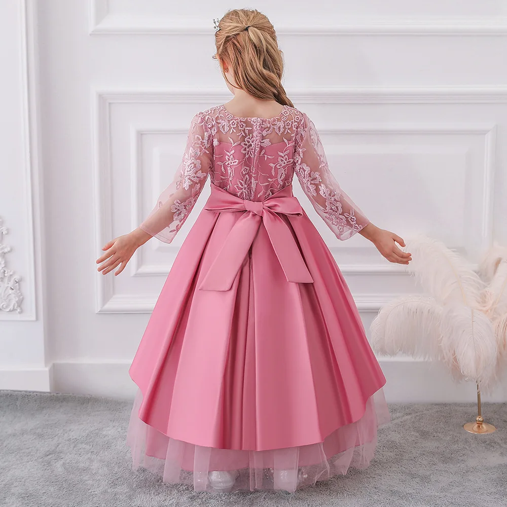 Fashion Girl Bridesmaid Dresses Lace Mesh Long Sleeve Flower Girl Dresses for Weddings Summer Children Girls Dress 4-15 Years