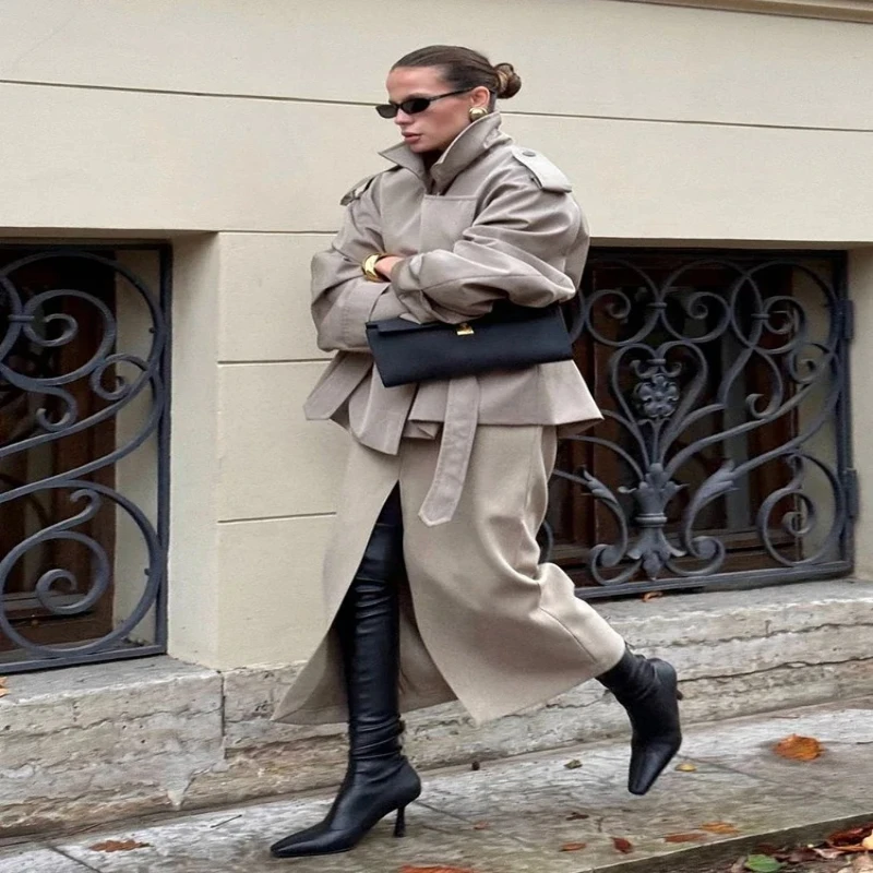 

Однотонная куртка на шнуровке с лацканами, элегантное шикарное свободное длинное пальто с длинными рукавами и пуговицами для женщин, новинка 2025 года, офисное женское повседневное пальто для поездок на работу